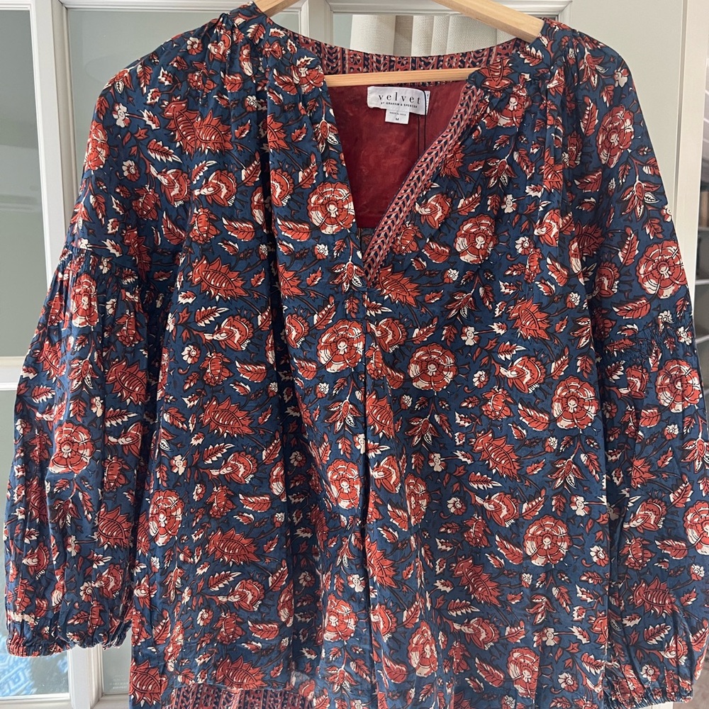 Velvet Red and Blue Floral Top
